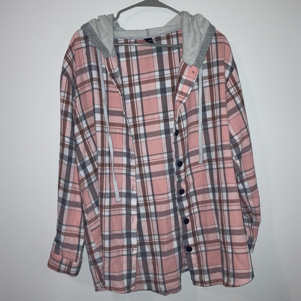 Pink and Gray Plaid Shirt with Hood